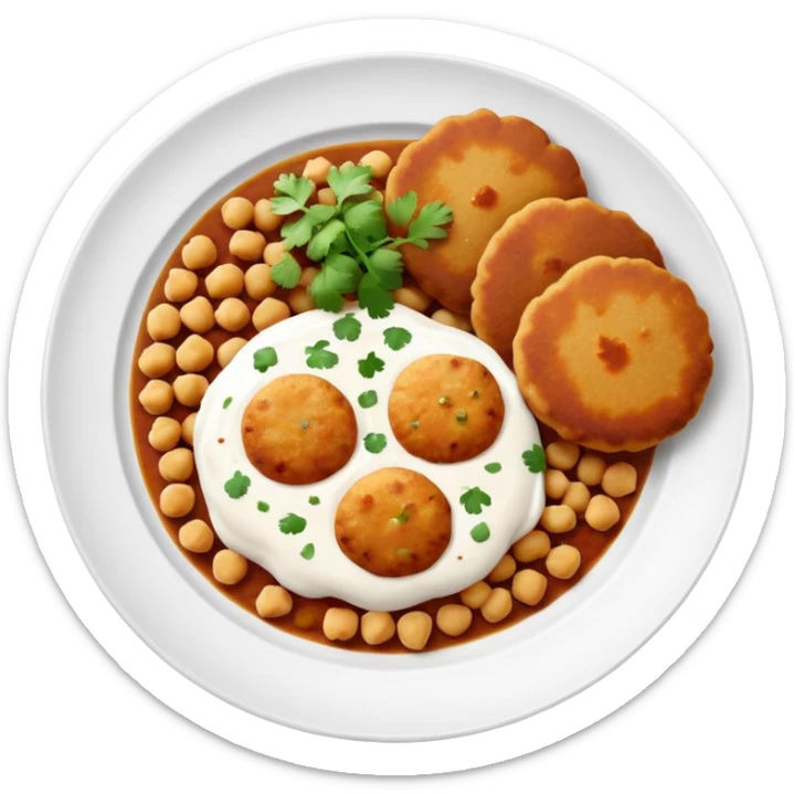 Aloo Tikki Chaat on a small plate with chickpeas, potato patty with yogurt and chutney sticker