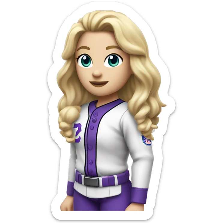 baseball card character. Blonde female long shoulder length hair. letter C logo. white and purple uniform. sticker