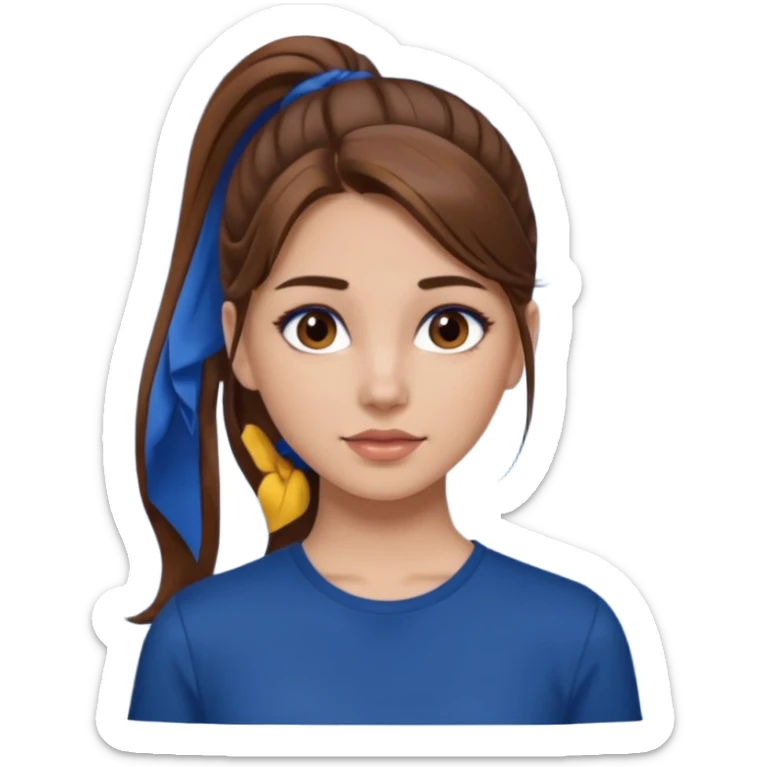 pretty girl brown long hair makeup ponytail  on left shoulder, dark blue shirt sticker