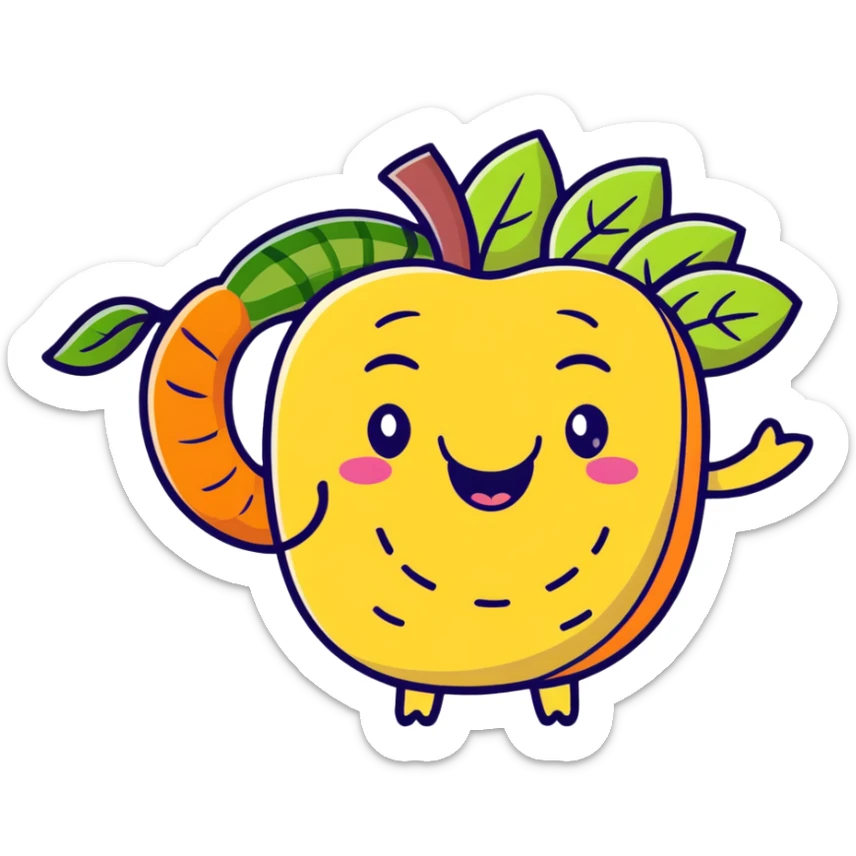 Cute cartoon representation of dietary fiber with happy vegetables, fruits, and whole grains linked by fibrous strands, with a smiling intestine character showing improved digestive health sticker