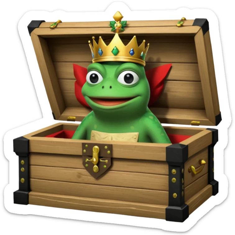 Emoji of an empty wooden coffin with its lid on top, the word ‘ECHO’ carved into the lid. The coffin is shown from the outside. A king-like Pepe the Frog, standing outside the coffin, is hammering nails into the lid to seal it shut. No character is inside the coffin. Not a treasure chest. sticker