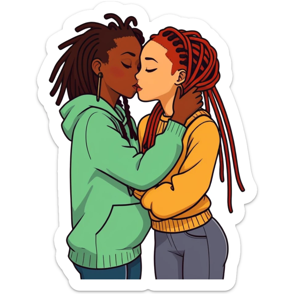 A black girl with dreads kissing a medium skin toned girl with dark red hair sticker