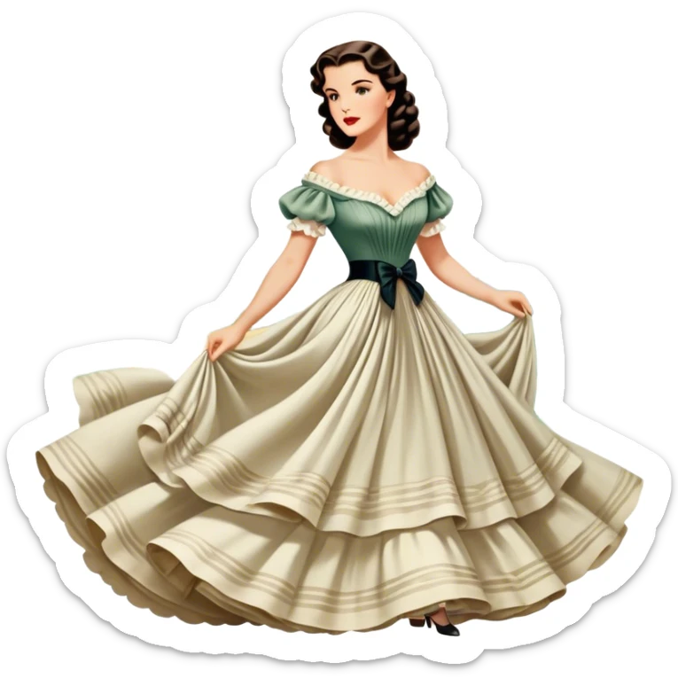 Icon for Romance Movie: A vintage movie poster-style design inspired by Gone with the Wind. Include romantic, sweeping imagery like Scarlett O'Hara in a flowing dress, Rhett Butler, a plantation backdrop, and fluttering wind-blown fabric. Soft, nostalgic cinematic feel. Transparent background. sticker