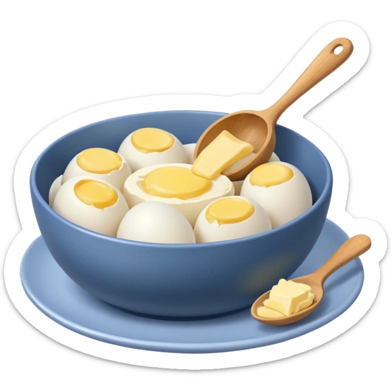 a dozen eggs, a ceramic mixing bowl with a wooden spoon and a plate of butter sticker