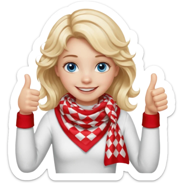 Blonde Girl, Blue Eyes, wavy hair, smiling, thumbs up, wearing red Checkered Triangle scarf, white dress sticker