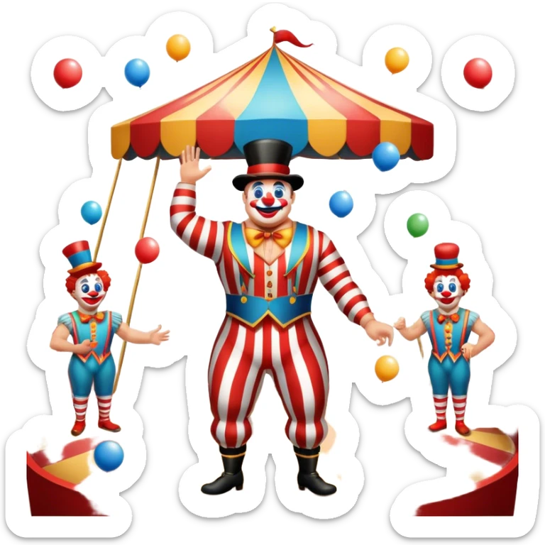 Icon for Circus Arts: a vibrant circus arena with a strongman in a striped costume, a juggler, and a clown performing. The icon should capture the excitement and energy of a circus show, with emphasis on skill and entertainment. Transparent background. sticker