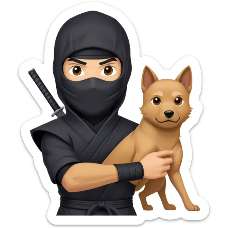 clash-of-clans-aesthetic_-cinematic-mysterious-male-ninja-portrait-emoji, rendered in a flat, vector-style with minimal shading and bold, simplified shapes, his arm is stretched out  with a head slightly turned revealing intense, focused eyes. the ninja is accompanied by a Ninken dog sticker