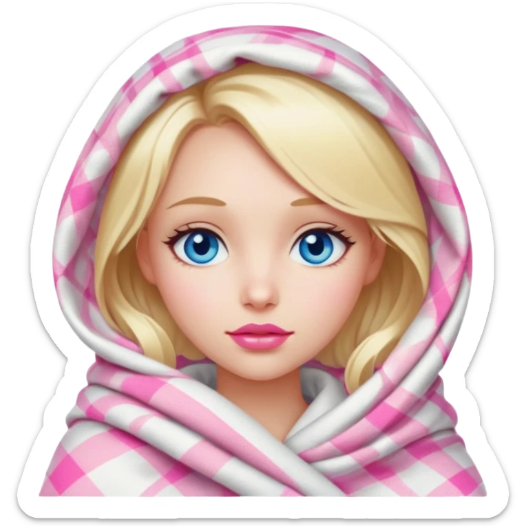 A beautiful blonde girl , blue eyes, pink lips is wrapped in a white plaid with her head sticker