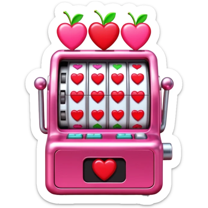 A 3D cartoon slot machine showing hearts and cherries, shiny metallic finish, Memoji-style realism. sticker