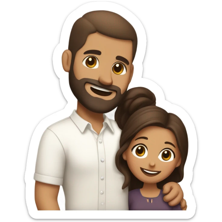 Brown-haired Puerto Rican woman with dark brown eyes wearing a cute blouse giving a comforting hug to a short, bald man with brown eyes, laugh lines, and a beard sticker
