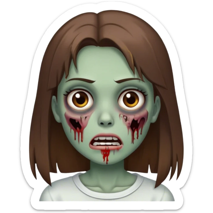 Zombie girl with brown hair brown eyes straight hair white skin with closed mouth sticker