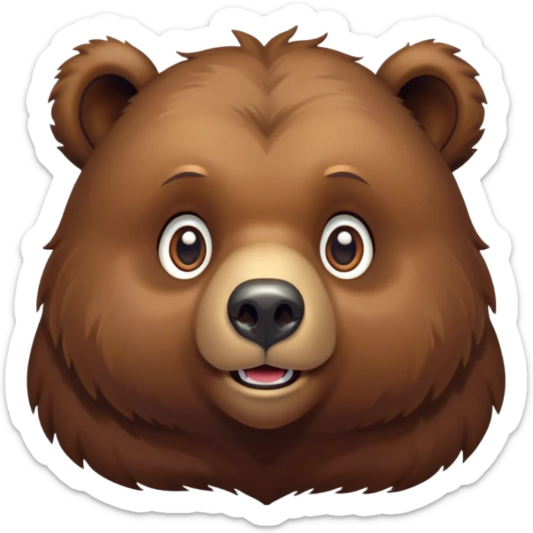 Cinematic Cute Grizzly Bear Portrait Emoji, Head tilted playfully and inquisitively, featuring a dense, rugged deep brown fur with a gentle, curious expression in round, sparkling eyes, Simplified yet irresistibly adorable features, highly detailed, glowing with a warm, friendly glow, high shine, affectionate and surprisingly gentle, stylized with a touch of wild whimsy, bright and endearing, soft glowing outline, capturing the essence of a mischievous yet loving bear, so playful it feels like it could amble out of the screen and into your arms! sticker