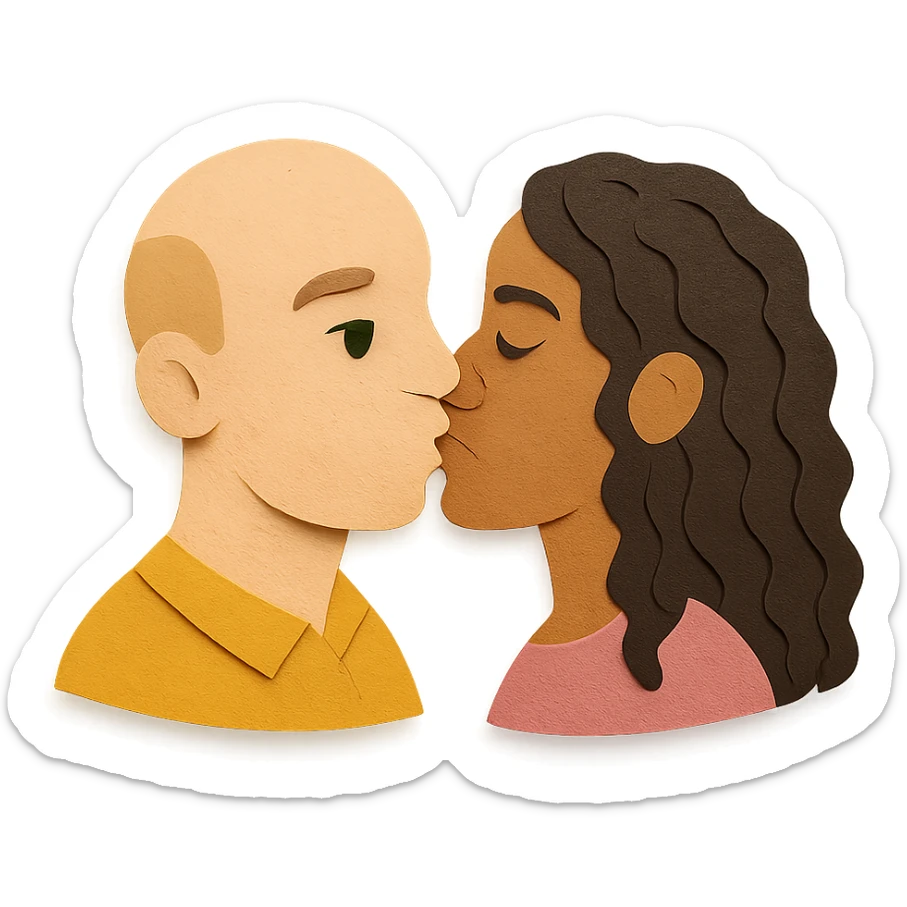 caucasian bald man with green eyes and caucasian woman with long curly dark hair and brown eyes kissing, paper craft style sticker