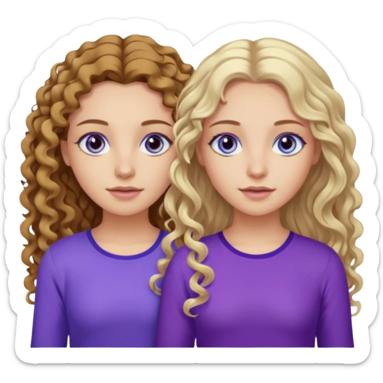 Twin sisters, one has brown eyes, long curly brown hair, the other one has blue eyes and straight blond hair purple top sticker