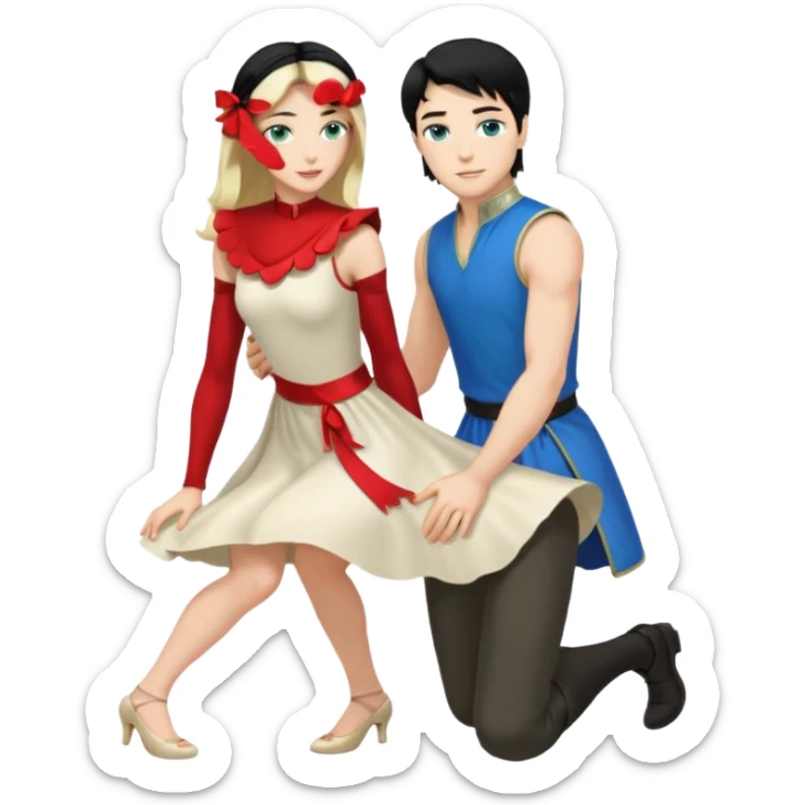 prince, upright, black Hair, blue eyes, Woman, blonde Hair, Green eyes, bending knee, sleveless White Dress, sticker