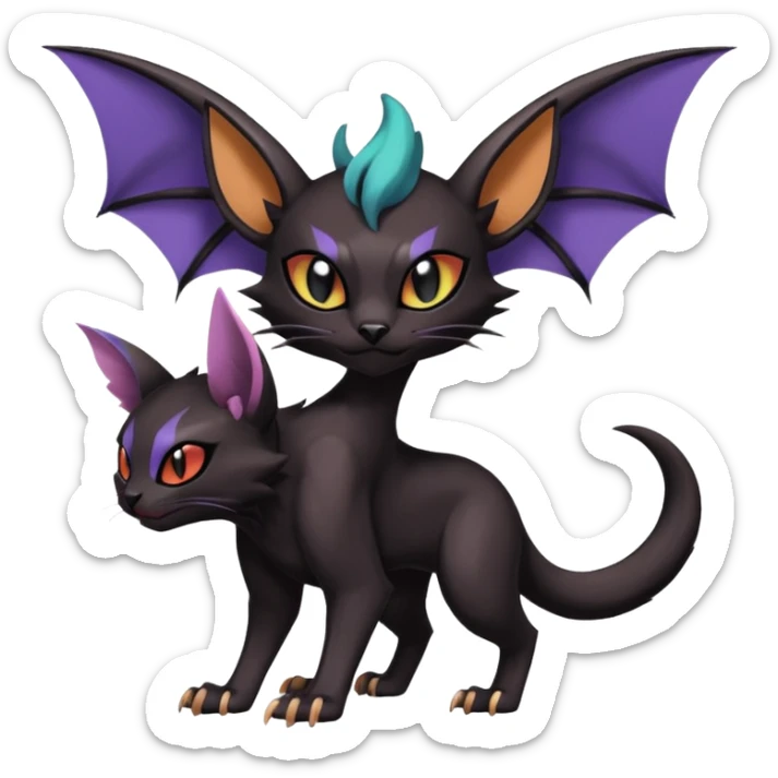 dark spooky badass cool shiny glossy smooth soft Black edgy Noivern-Noibat-Purloin-Torracat-Lykoi-Caracal-cat-Fakemon-fusion-hybrid-creature with bat wings on head as ears, big fangs, gothic markings sticker