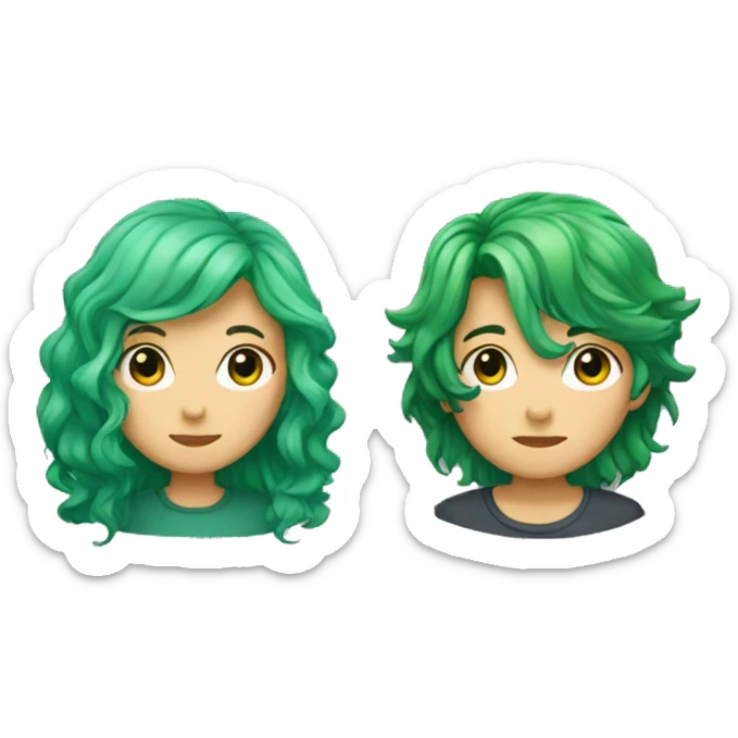 shy girl with green hair and guy with long wavy black hair sticker