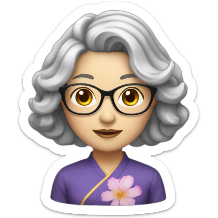 Chinese lady with shoulder length very lightly grey waves hair wear glasses with Chinese dress sticker