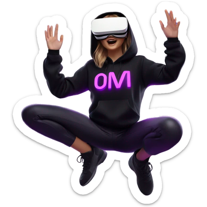 Russian girl wearing black hoody with violet letters "OMG", in vr headset oculus quest2. jumping. Cyberpunk style. Violet neon. sticker