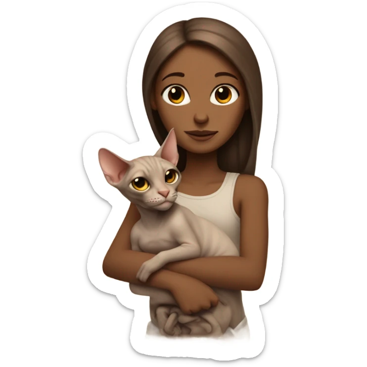 A white girl with brown long hair holds a sphinx cat in her arms sticker