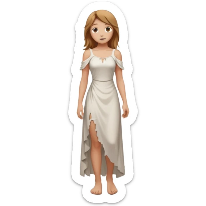 Female figure standing barefoot in ruined cathedral, dress slipping from shoulder sticker