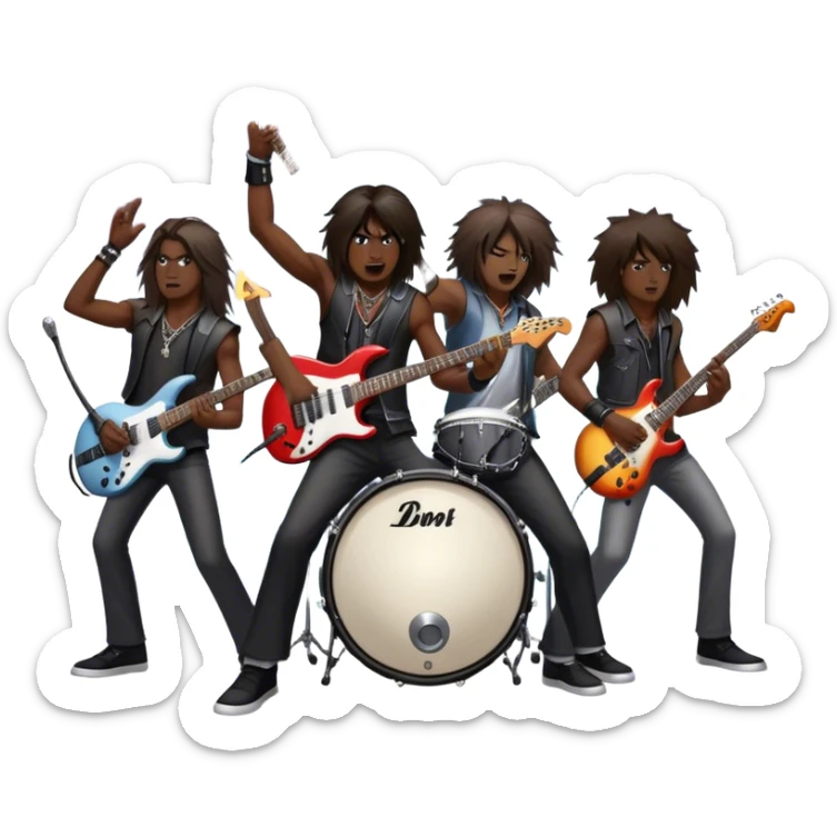 Icon for Heavy Metal Music: 4 men band on stage with electric guitars, drums and intense lighting. Musicians headbanging, surrounded by energy and stage effects, capturing the power and intensity of a metal concert. Transparent background. sticker