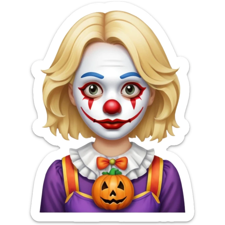 Sad Blonde woman in normal clothes holding a Halloween clown mask  sticker