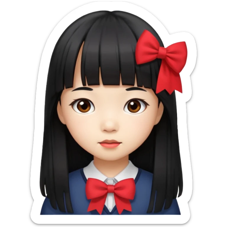 little Asian girl student with long straight black hair, bangs, wearing red bow sticker