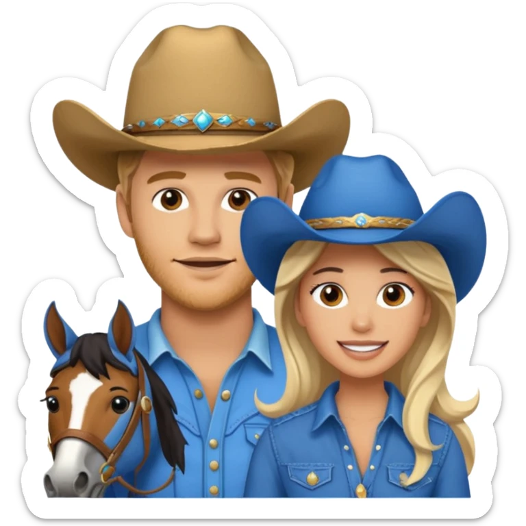 Excited Trevor Donovan with blue eyeas cowboy hat and Danica McKellan with horse sticker