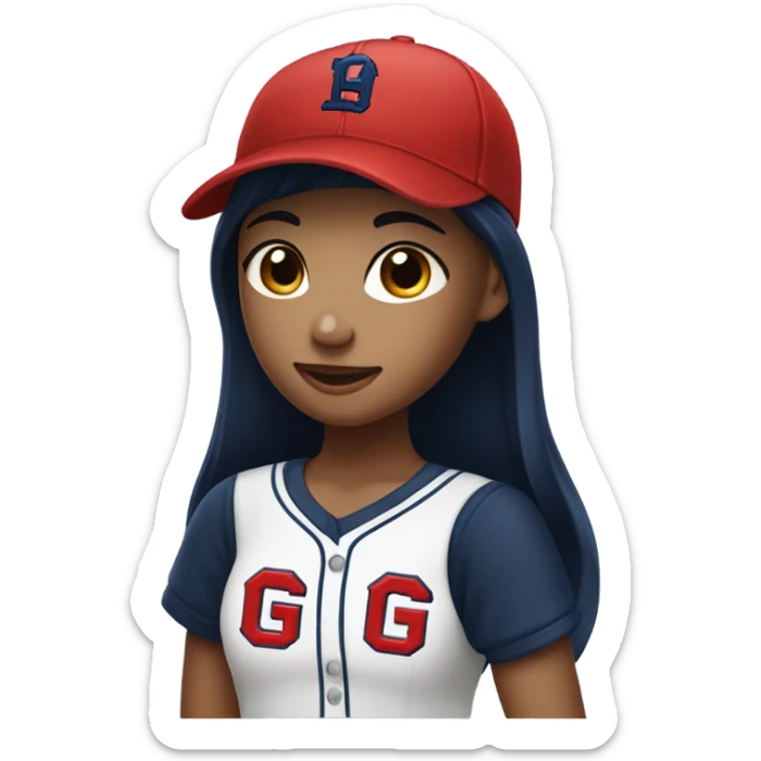 Black long hair girl wearing navy ballcap emblazoned with a red G initial and wearing baseball uniform sticker