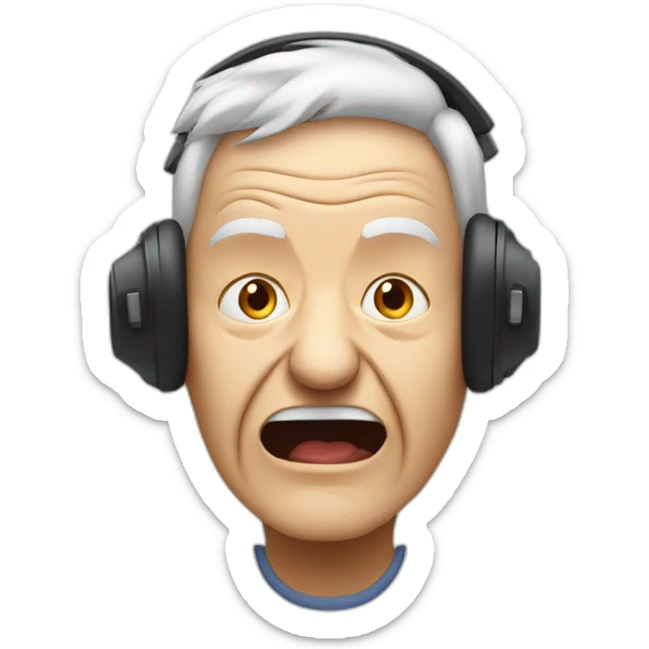 face of an elderly person with headphones on where only sound comes out from one side and the person is angry sticker