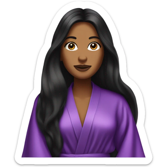 Tanned woman with long black hair wearing a silk purple Victoria’s Secret robe sticker