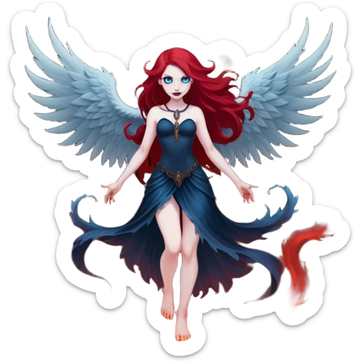 full body portrait of an extremely diabolical girl with pale white skin, massive towering wings, very long flowing blood red hair, glowing blue eyes, evil grin, no accessories, standing in thick swirling dark red and black smoke that rises up from the ground, heavy smoke effect at her feet sticker