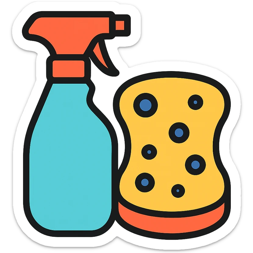 colorful icon of cleaning supplies, including spray bottle and sponge sticker