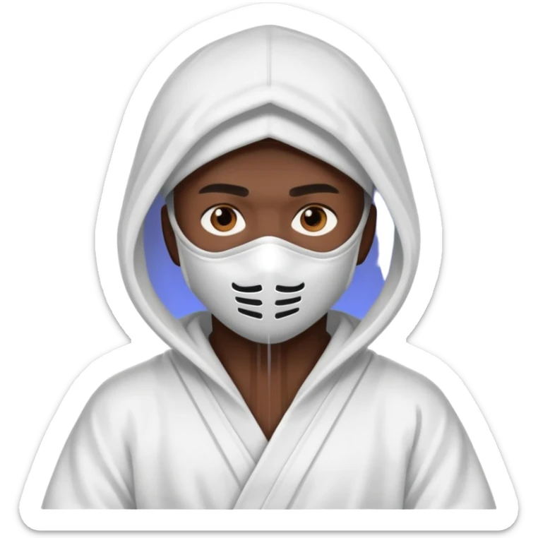 All white ninja robe with white mask to cover face and neck with a hoodie on and dark brown skin color sticker