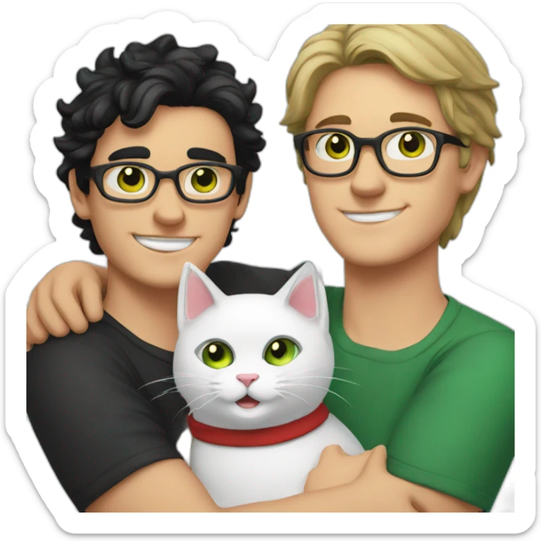 White guy with green eyes, black hair and with glasses hug red percian cat sticker