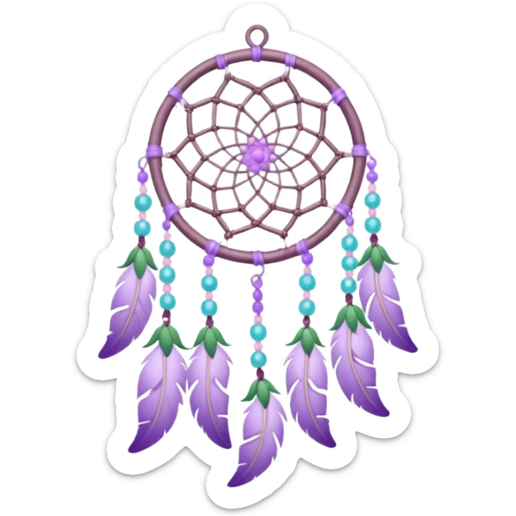 Lavender lilac pastel purple dreamcatcher-suncatcher with lavender flowers and lilac flowers attached, cyan beads, white beads, rose-pink beads, green leaves sticker