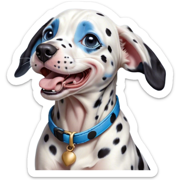 Cinematic Cute Yawning Harlequin Dalmatian Portrait Emoji, Head tilted slightly with a dramatic, wide-open yawn, showcasing a smooth Fur of predominantly white with bold black patches, floppy ears slightly drooping, round blue eyes barely open in drowsy contentment, Simplified yet irresistibly adorable features, highly detailed, glowing with a soft, cozy glow, high shine, relaxed yet expressive, stylized with a touch of whimsy, bright and endearing, soft glowing outline, capturing the essence of a sleepy yet affectionate guardian, so drowsy it feels like it could stretch out of the screen and curl up for a nap! sticker