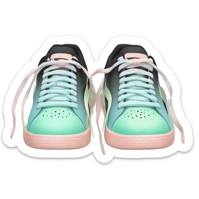 Realistic pair of pastel blue pastel green peach and black ombre Puma sneakers isolated.  sticker