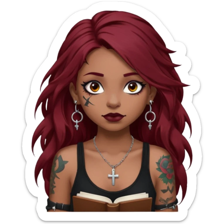 generate an ios genmoji of a dusky girl with long dark red messy hair with eyeliner on her eyes. septum piercing, wearing a cami black top, has tattoos, on shoulders. ear piercings. wearing a cross silver necklace. carrying a lot of sketchbooks


no tattoos on face sticker