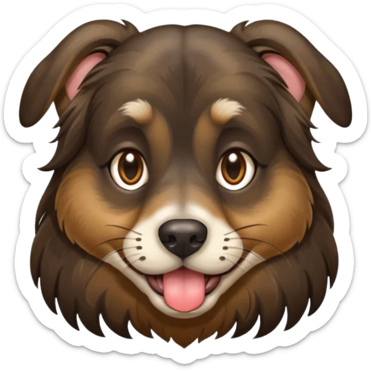 dog face with long black+brown brindle coat and bridge of nose. ears stand up w/ tips folded down. make eyes light brown-ish gold. widen tongue and add dark splotch. keep mane long.  sticker