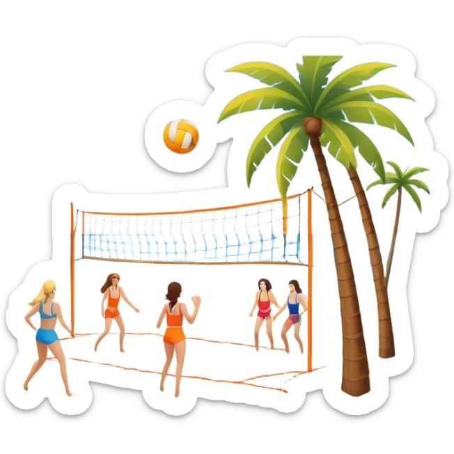 The scene captures a sunny sea beach atmosphere with clear blue sea and sky, palm trees swaying, and people in swimsuits enjoying the vibrant surroundings. A volleyball resting on the orange sand ground of a beach, with a volleyball net in the background.  sticker