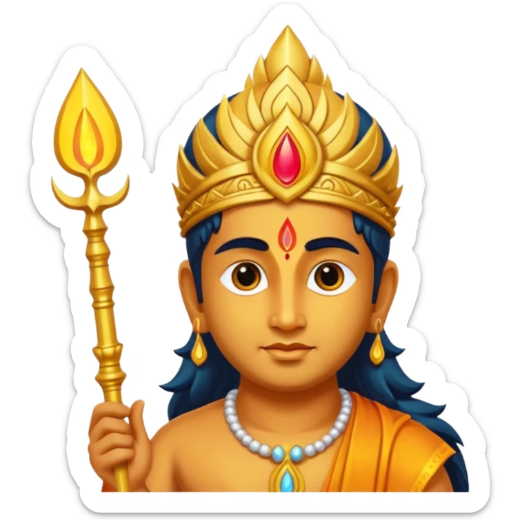 A minimal, divine emoji-style illustration of Lord Murugan, serene face, glowing vel (spear) symbol, bright golden aura, vibrant colors, simple rounded emoji design, high clarity, spiritual and peaceful expression, white background. sticker