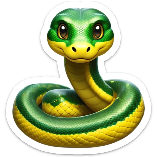 Cinematic Cute Anaconda Portrait Emoji, Head tilted playfully and inquisitively, with a sleek, shimmering body adorned with detailed scale patterns and round, sparkling eyes full of wonder, Simplified yet irresistibly adorable features, highly detailed, glowing with a warm, friendly jungle glow, high shine, affectionate and lively, stylized with a touch of whimsical reptilian charm, soft glowing outline, capturing the essence of a mischievous serpent that feels like it could slither out of the screen into your arms! sticker