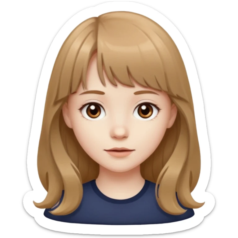 Pale skinned girl with light brown hair and dark brown eyes. She has bangs and her hair is slightly big wavy and long sticker