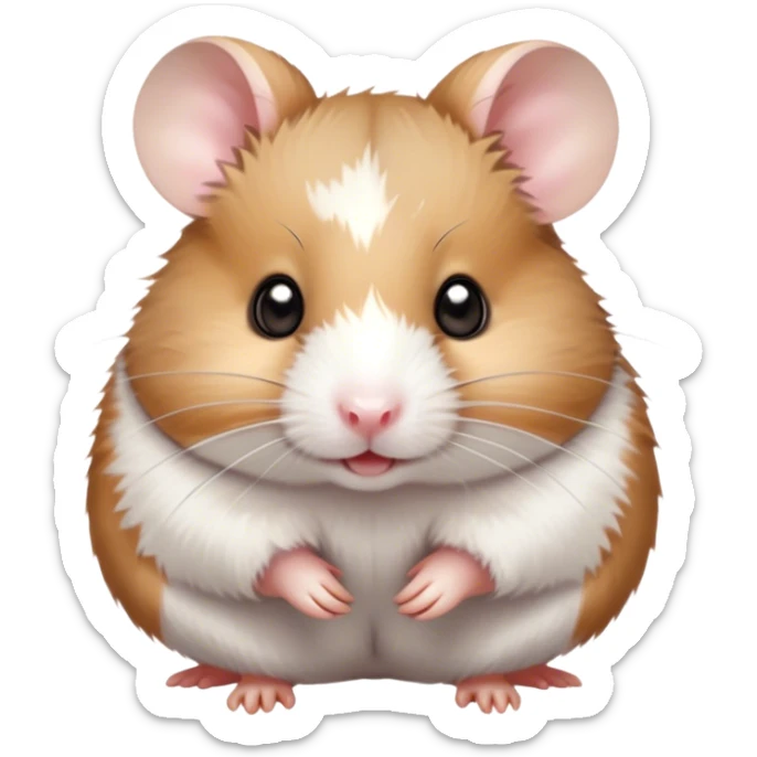 Cinematic Cute Brown and White Banded Hamster Portrait Emoji, Head tilted playfully and inquisitively, showcasing a fluffy coat with playful brown and white banded patterns, round, sparkling dark eyes filled with curiosity, Simplified yet irresistibly adorable features, highly detailed, glowing with a warm, friendly glow, high shine, affectionate and lively, stylized with a touch of whimsy, bright and endearing, soft glowing outline, capturing the essence of a mischievous yet loving hamster, so playful it feels like it could dash out of the screen and into your arms! sticker