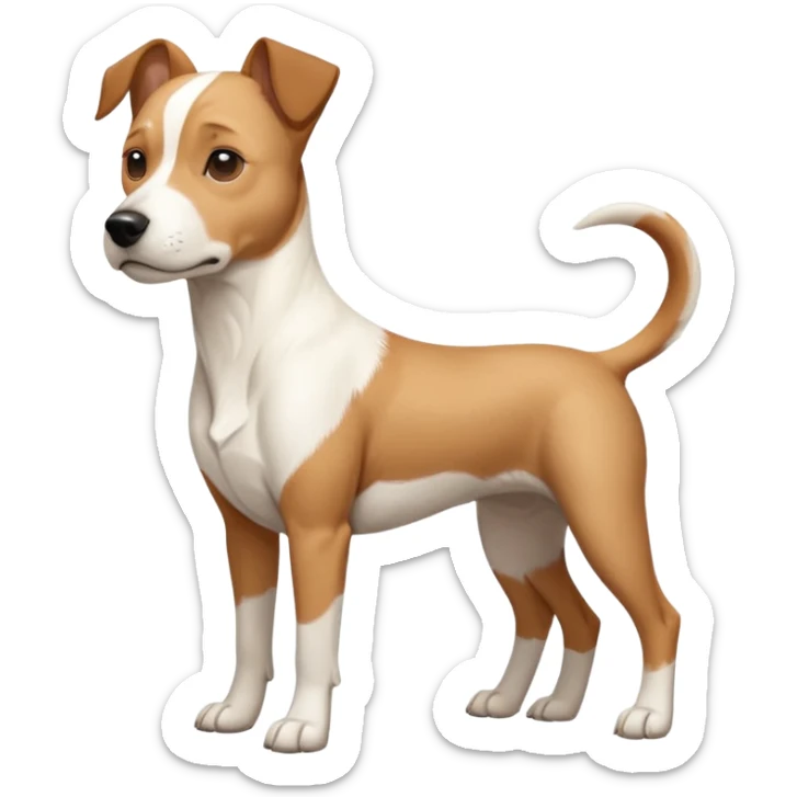a full body facing front on of a buff white beagle cross jack russell terrier looking dog the size of a kelpie with light brown long ears resting on its face and a light brown patch above one eye and a large snout. the rest of the dog is completely white.  sticker