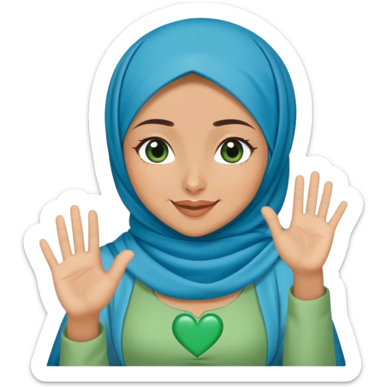Turkish beautiful finish Konya girl blue hijab and green heart dress and wink her hand goodbye  sticker