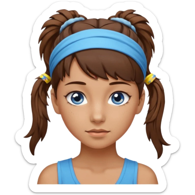 A girl with a messy ponytail, she’s tanned blue eyes and brown hair with a headband on sticker