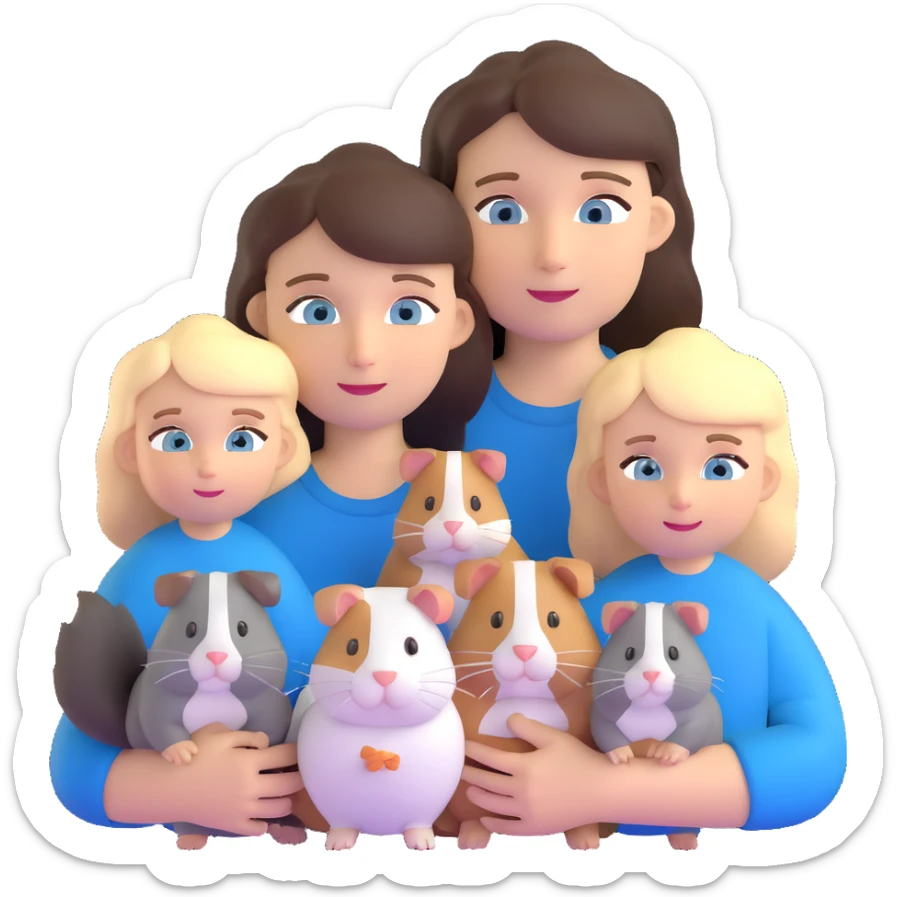 Family portrait with father with dark brown hair and blue eyes, mother with light brown hair and blue eyes, three blonde little girls with blue eyes, plus a grey cat and two guinea pigs sticker